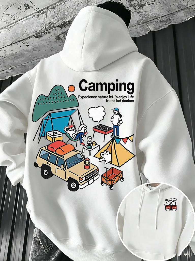 Camping Cartoon Outdoor Hoodie Unisex Herren Damen Zelt Auto Natur Grafik Rückendruck Lässig Wandern Streetwear Pullover Sweatshirt
