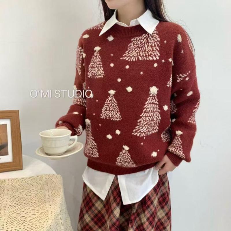 Autumn and Winter New Round Neck Pullover Loose Lazy Style Christmas Design Versatile Knitted Sweater Top Women