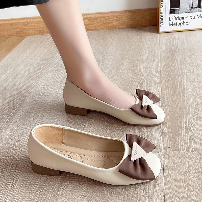 2025 new Korean version soft sole soft surface low heel bow square head single shoes comfortable versatile temperament work Doudou shoes