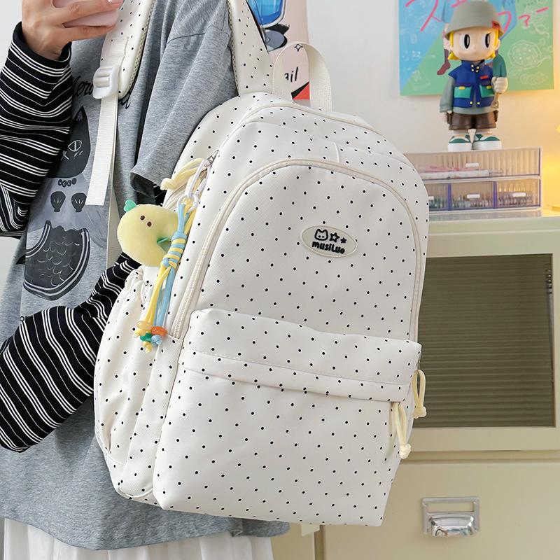 Schoolbag Korean Version Ins Small Fresh Polka Dot Backpack Women's Large Capacity Simple and Versatile Student Schoolbag Fashion Casual Backpack