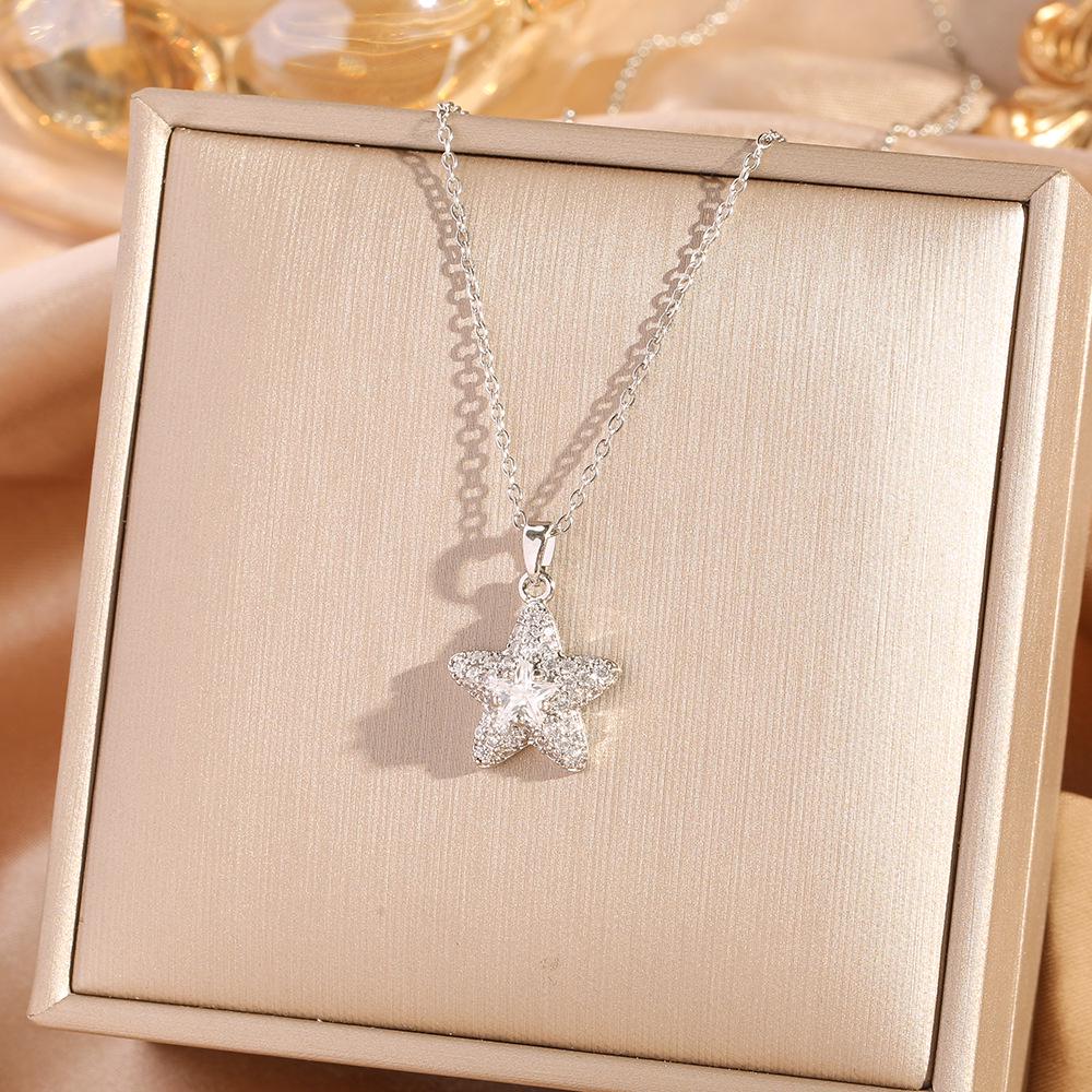 

Женское двухслойное ожерелье с кулоном в виде пятиконечной звезды - Титановая сталь, цепочка для ключицы серебряный