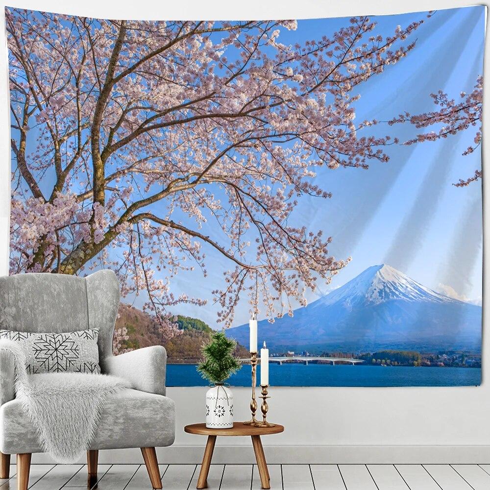 Beautiful Mount Fuji Sakura Pagoda Landscape Wall Hanging Tapestry Decorative Art Suitable for Living Room Room Home Decor