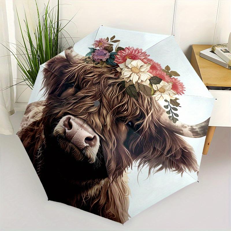 

Flower Crown, Highland Cow Theme 8 Bone Hand Automatic Folding Fashion umbrella, Compact and Portable Design, A Perfect Gift for Birthday, C