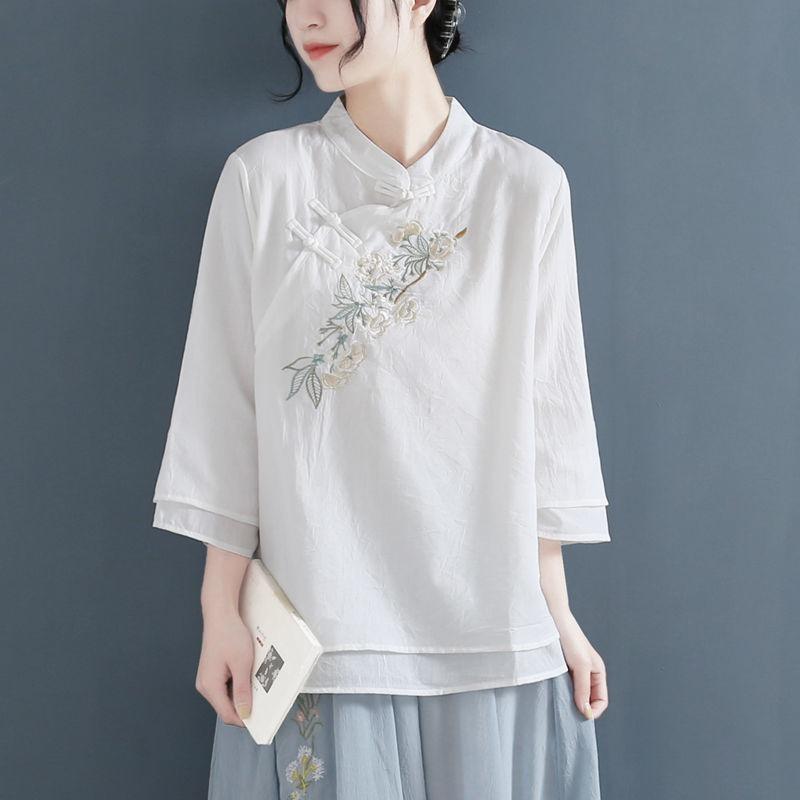 Women Chinese Style Stand Collar Three Quarter Sleeve Floral Embroidery Linen Blouse M белый