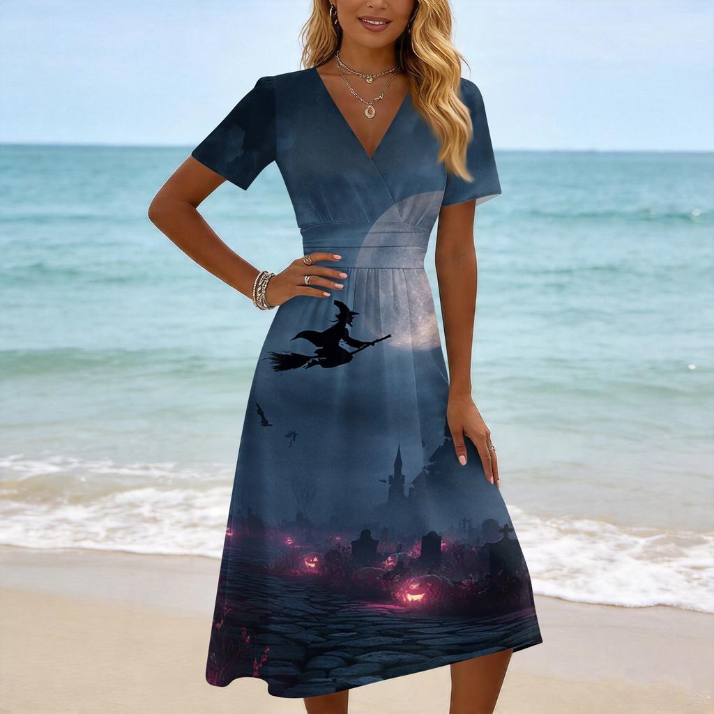 Women's Casual V Neck Short Sleeve Midi Dress Halloween Print Comfortable Fit Flared Skirt Lightweight Fabric Suitable for Daily Wear