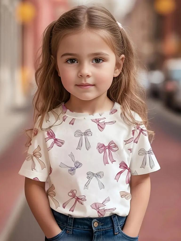 T-shirt Fille Mignon Motif Nœud d'Amour Manches Courtes pour Enfants T-shirts Graphiques Vêtements Y2k Mode Filles Pull Hauts d'Été
