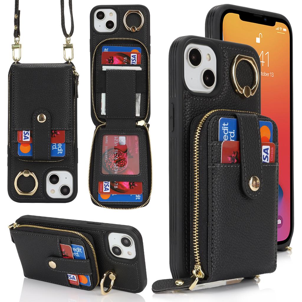 Applicable To iPhone17 Mobile Phone Case 16Pro Lychee Pattern Zipper Change Bag Insert Card Ring Buckle Diagonal Span Protective Case