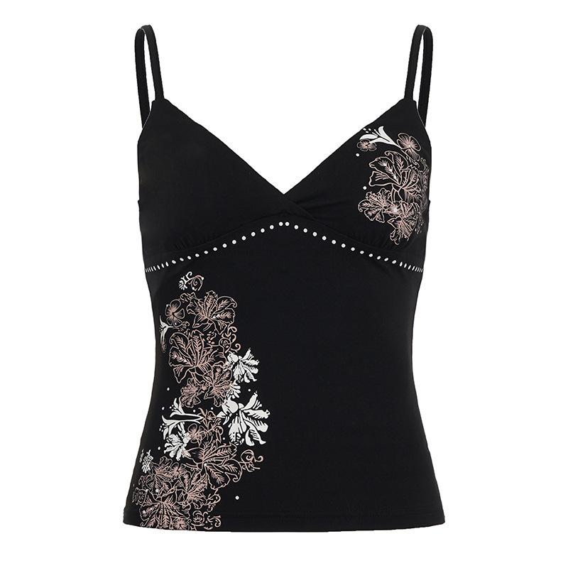 Women Summer V Neck Spaghetti Strap Floral Retro Print Slim Fit Camisole Top S чёрный