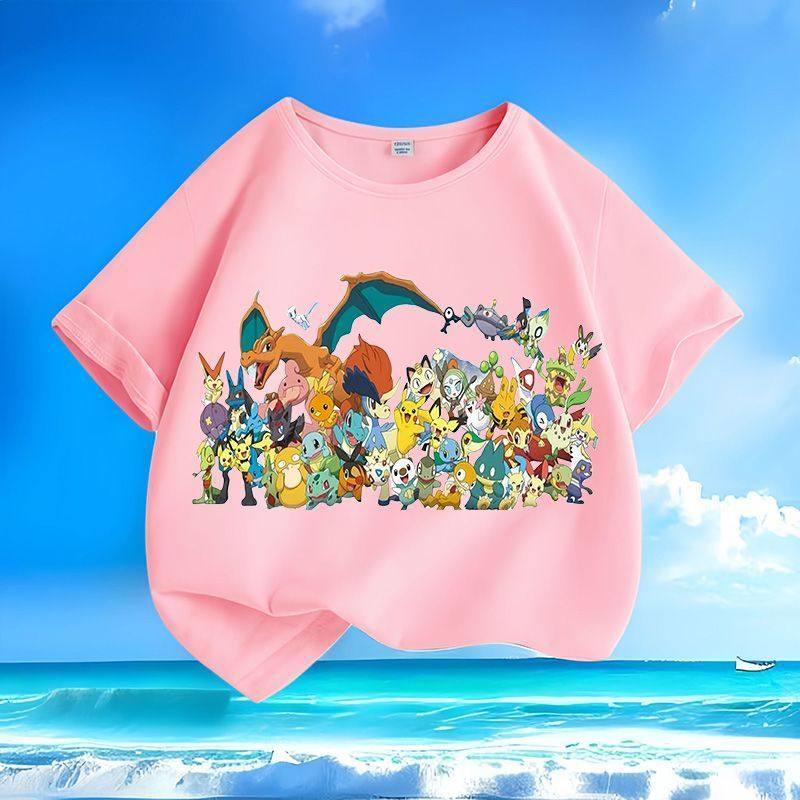 New Pokemon Pikachu Summer Cartoon Short-sleeved T-shirts for Men, Women, Adults and Children, Pure Cotton Round-neck Loose Top