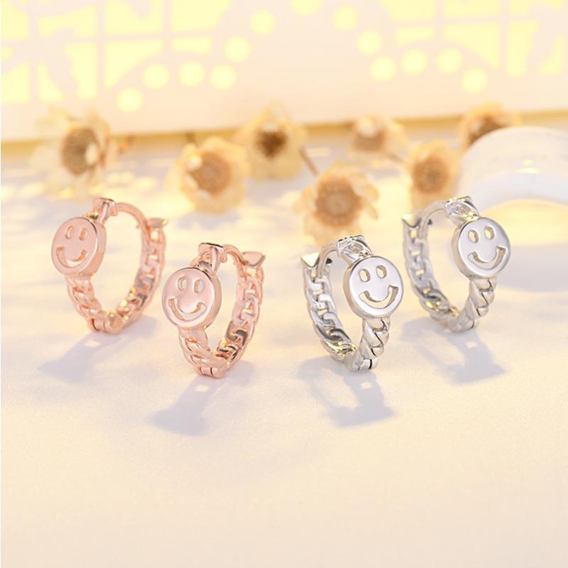 Nuevos Pendientes Chapados Cadena Redonda Carita Sonriente Pequeña Pendientes Individuales Oro Rosa Hebilla para la Oreja