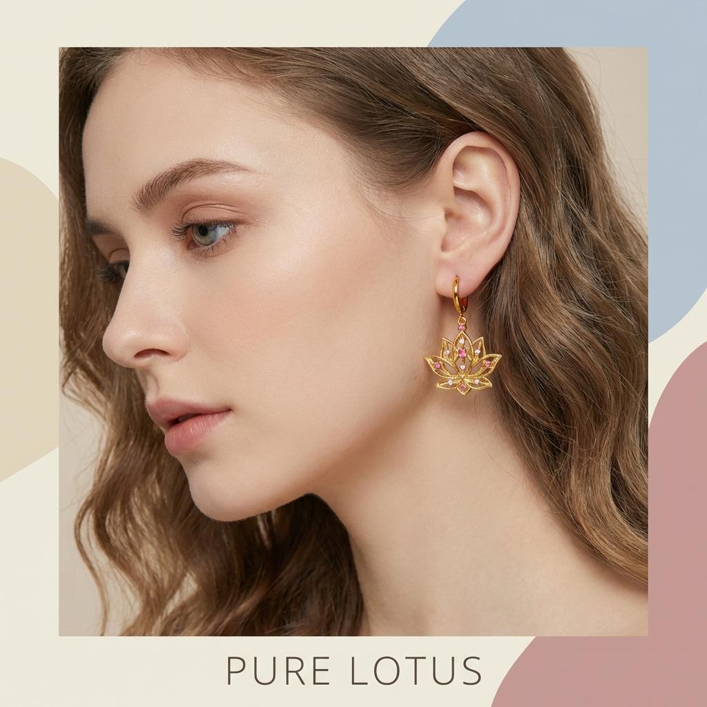 Boucles d'Oreilles Fleur de Lotus Ethniques pour Femmes Minimalistes Creuses Strass Roses Boucles d'Oreilles Créoles Fleur de Lotus Bijoux Élégants de Fête Cadeau