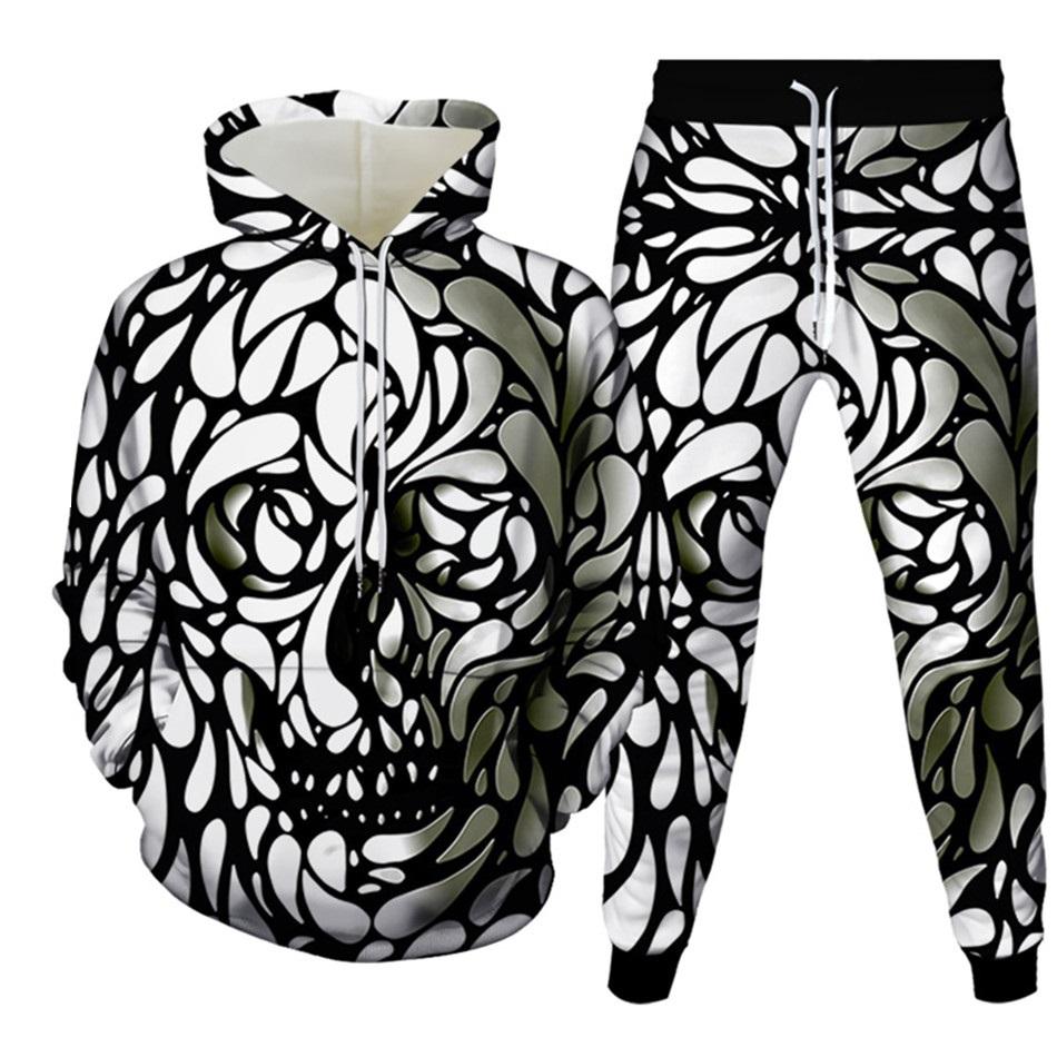 New Men's Tracksuit Sets Goth Punk Skull Fire 3D Printing Hoodies Pants Suit High Quality Skeletons Pullover Streetwear Oversized