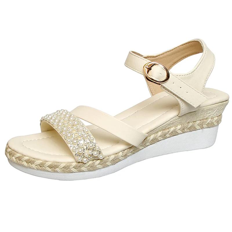 Fashion Ankle Buckle Platform Sandals Women Summer 2025 Fashion Pearl Wedges Sandalias Mujer Plus Size 42 Casual Med Heel Beach Sandals