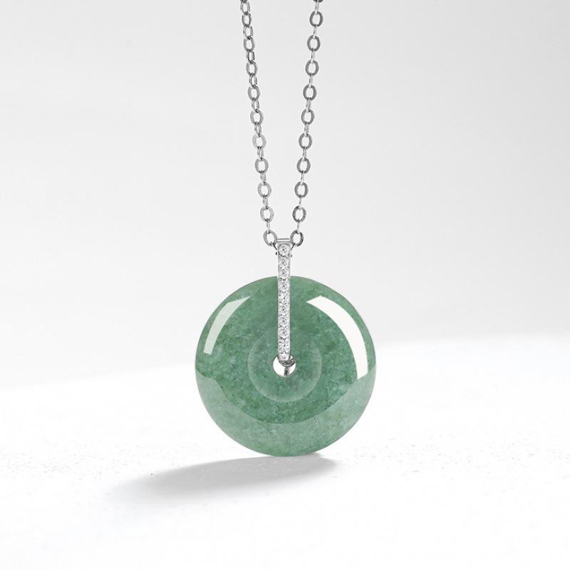 A-Grade Natural Jade Bean Green Ping'an Buckle Pendant with S925 Silver Necklace for Women.