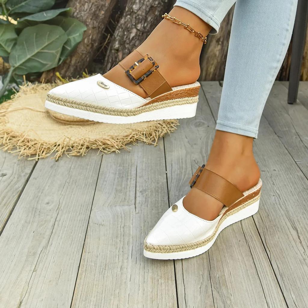 Large Size Spliced Color Headed Sandals with Rope Weave Thick Heel Slip-On Women's Shoes Lightweight Rubber Bottom Casual Slippe