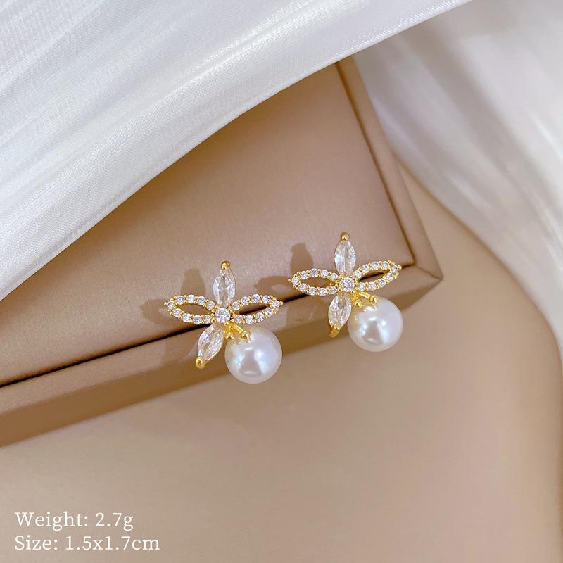 Necklace Earrings Set Light Luxury Full Of Diamonds Flower Pearl Personality Temperament Banquet Earrings Item Group