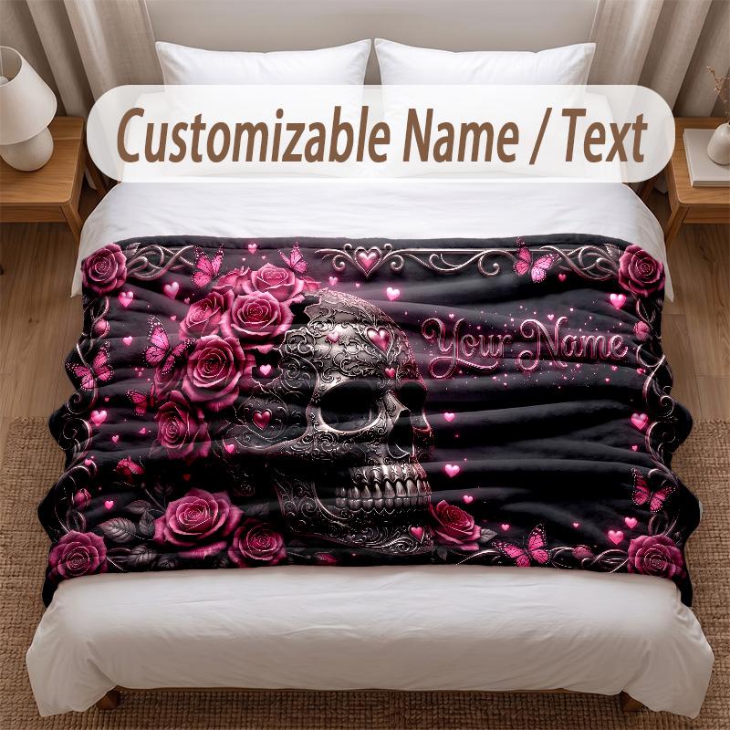 Skull Gothic Theme Soft Blanket Personalized Custom Name Text Print Warm Blanket Home Sofa Bedroom Decor