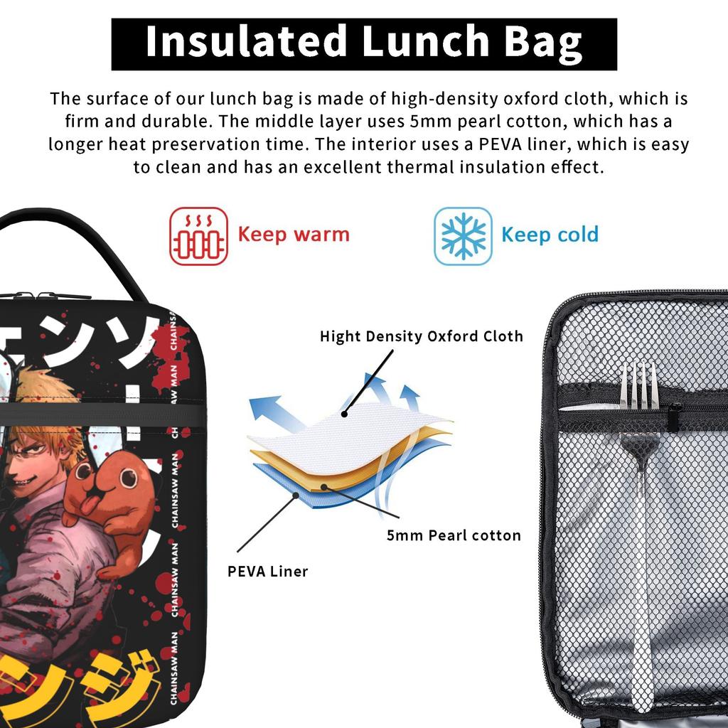 C-Chainsaws Man Heat-keeping Meal Tote Cooler Bag Reusable,Meal Container Kitten Anime Compact Tote Lunch Box Food Bag College