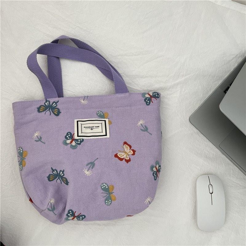 

Trendy Black Butterfly Embroidery Handheld Tote Bag Soft Cotton Linen Lunch Bag Perfect For School And Work Purple Butterfly