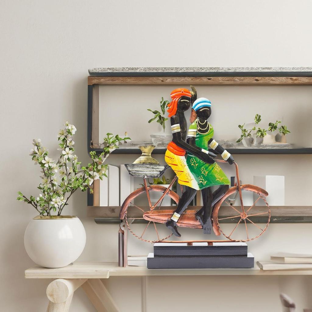 Handcrafted Ethnic Tribal Bicycle Couple Showpiece - 16x13 Inch Tribal Home Décor with Wooden Base for Housewarming, Anniversaries