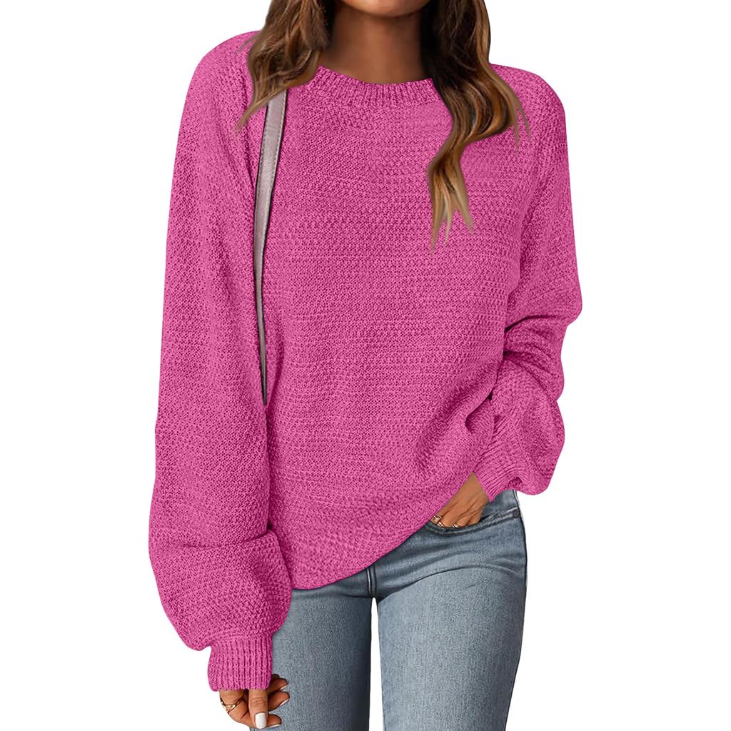Women's Fashion Round Neck Pullover Sweater Casual Versatile Solid Color Knit Top