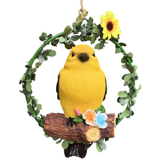 Bird On Wreath Figurine Resin Bird Hanging Decoration Garden Tree Hanging Bird Statue for Patio Porch Terrace Windows