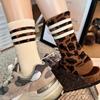 Leopard Print Crew Socks Striped Pattern Mid-Calf Socks Fashion High Tube Socks  For Women
