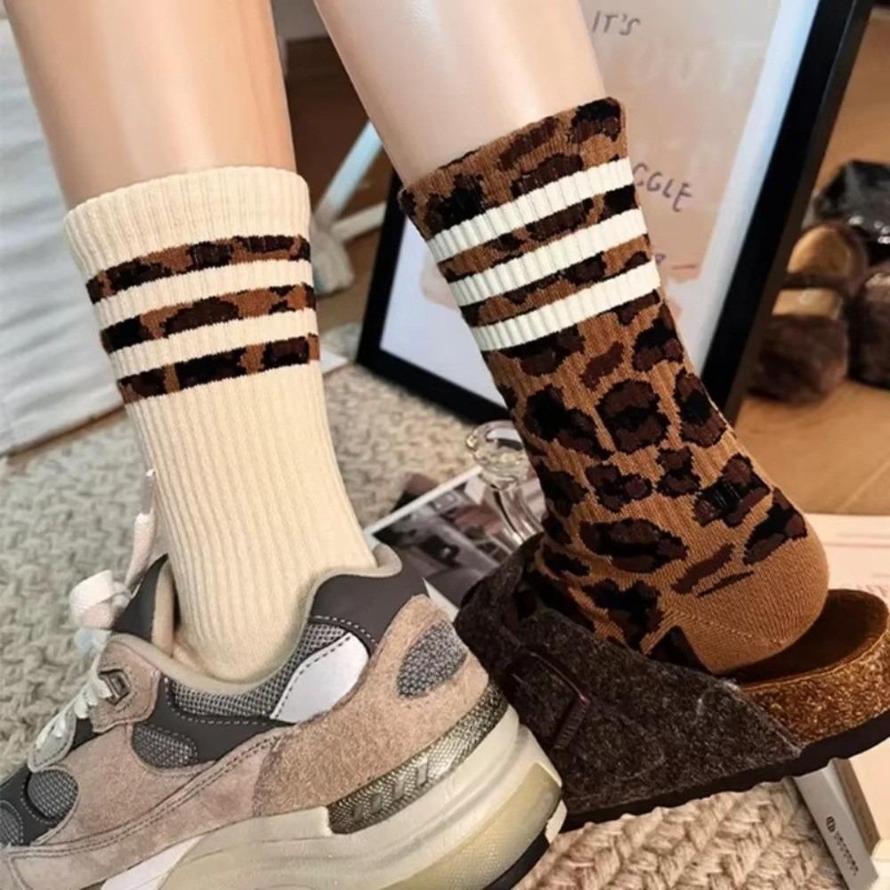 Leopard Print Crew Socks Striped Pattern Mid-Calf Socks Fashion High Tube Socks For Women