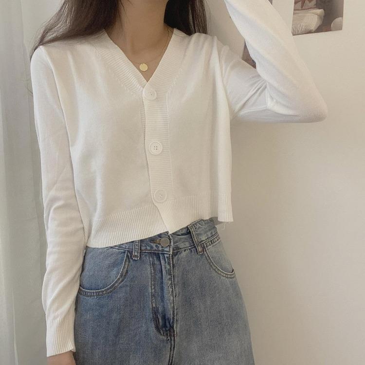 Women's Solid Color V-Neck Knitted Cardigan Long Sleeve Pullover Sweater Single Breasted Button Spring Fall Outerwear Tops Small Fresh One Size