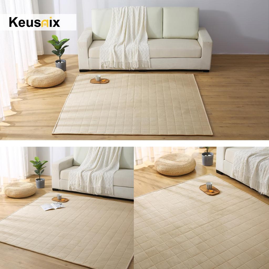 Keusnix Quilted Washable 135 x 185 cm Tatami Odor Soft and Fluffy Flannel Compatible with Underfloor Heating and Hot Solid Beige Rug, Non-Slip, Rug,