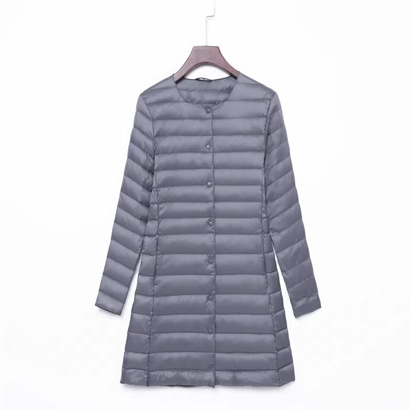 New down jacket women's light, medium and long fashion and thin white duck down button-down round neck warm jacket