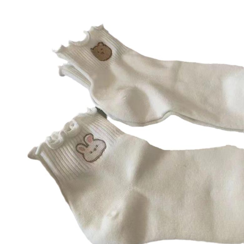 Women's Cute Cartoon Bear Lace Socks: Sweet Spring & Summer Japanese Style with Wood Ear Edge