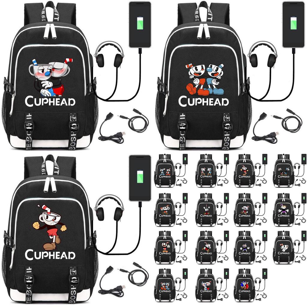 Stilvoller Cuphead Rucksack mit USB-Ladeanschluss für Kinder und Jungen für den Schulgebrauch