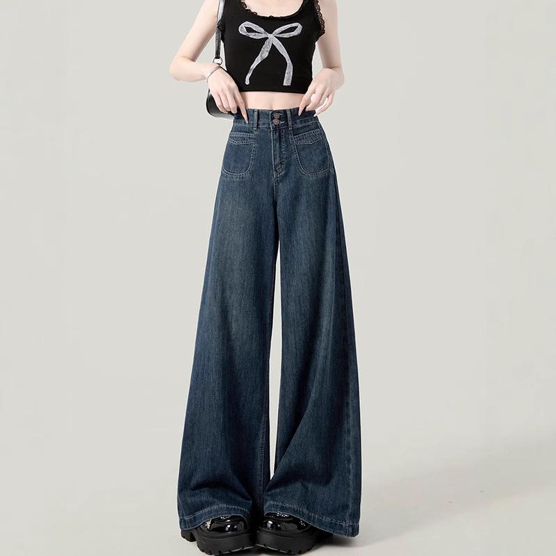 

Plus Size Dark Blue High Waist Wide Leg Jeans for Women - Loose Drape, Floor-Length, Slimming Straight Leg, Spring and Autumn Fashion. XX-Large