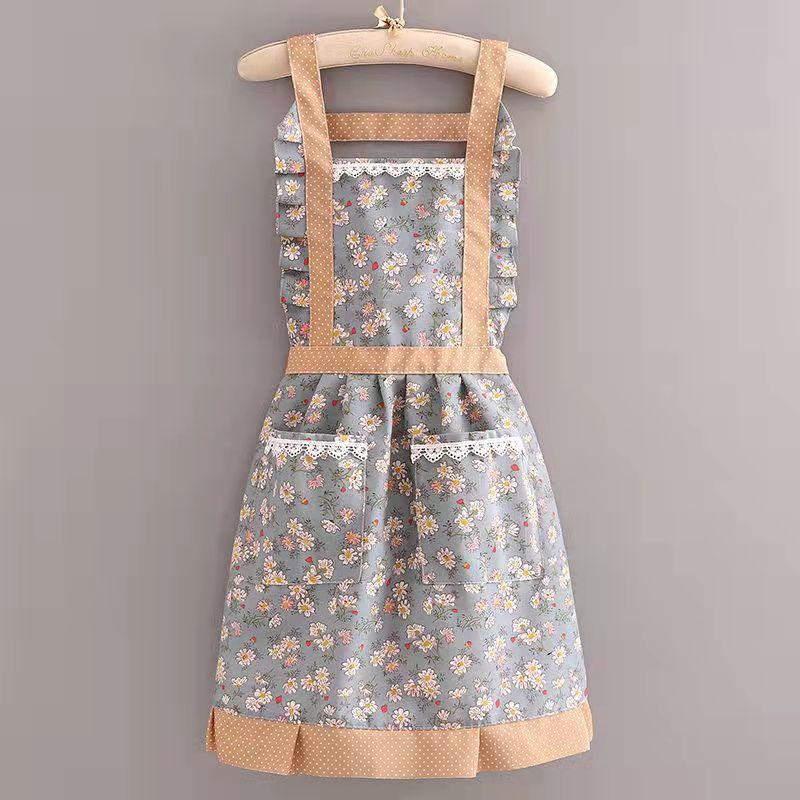 Floral Canvas Kitchen Apron for Women with Pockets and Ruffled Edges