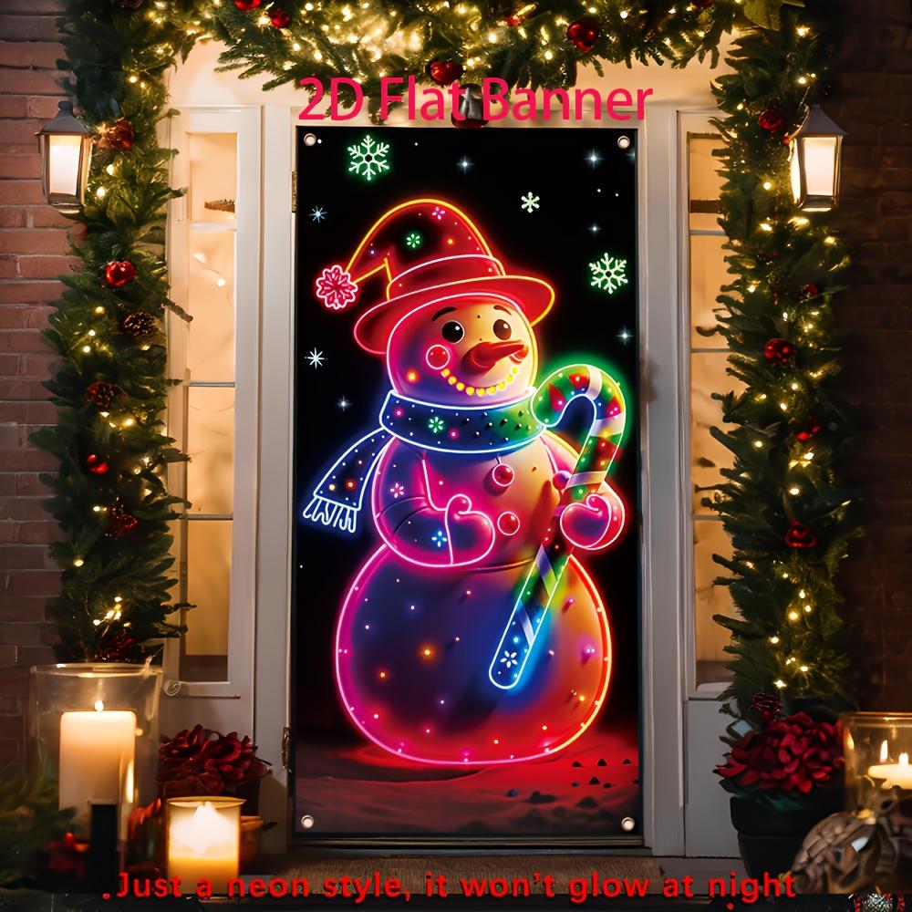 2D flach, 1-teilige festliche Schneemann-Neon-Türfahne - Strapazierfähiges Polyester-Material, mit Stab und Zuckerstangen, Weihnachtsfeier