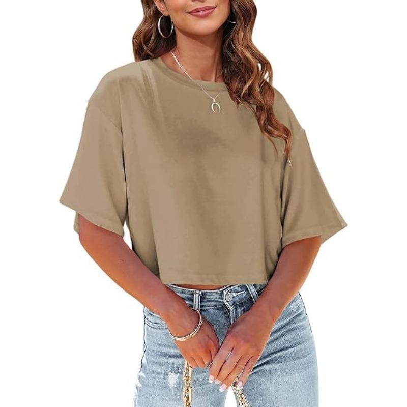 

Women s Loose Short T-shirt Round Neck Crop Top Elegant Casual Summer Fashion Solid Color Basic Tshirt Basic O Neck Simple Shirts XL