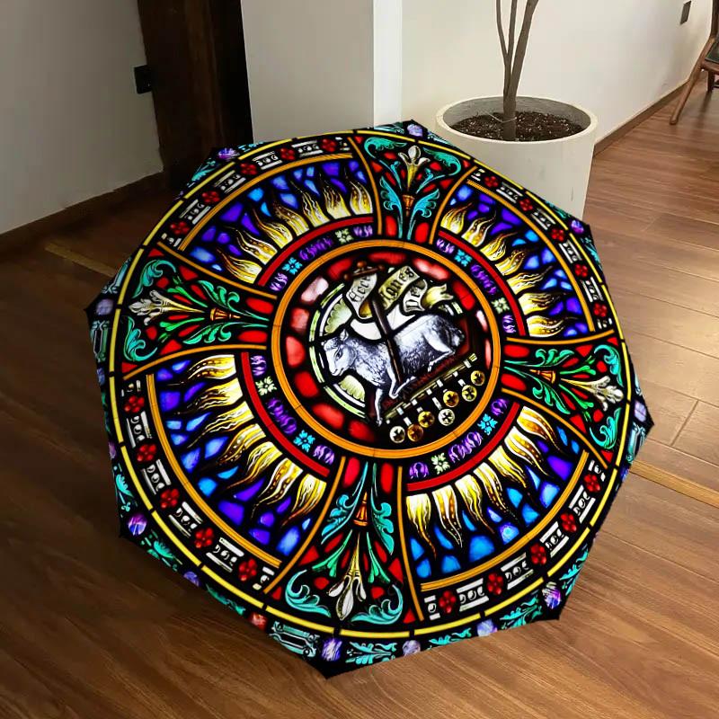 

1pc Stained Iconography Automatic Folding Umbrella, Portable Collapsible Design, 8-Rib Iron Frame, Outdoor Accessory yy250905067