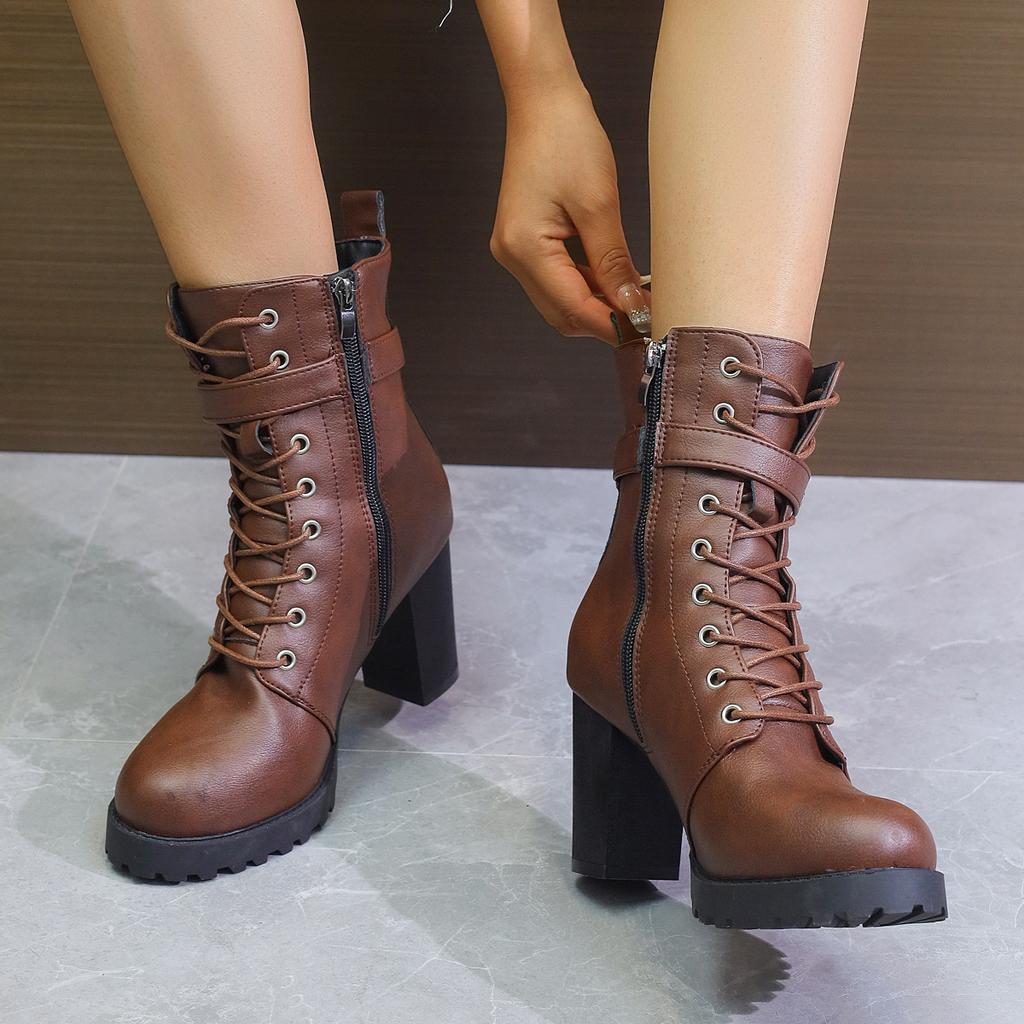 Autumn and winter new high-heeled short boots large size belt buckle European and American side zipper thick-heeled boots Martin boots