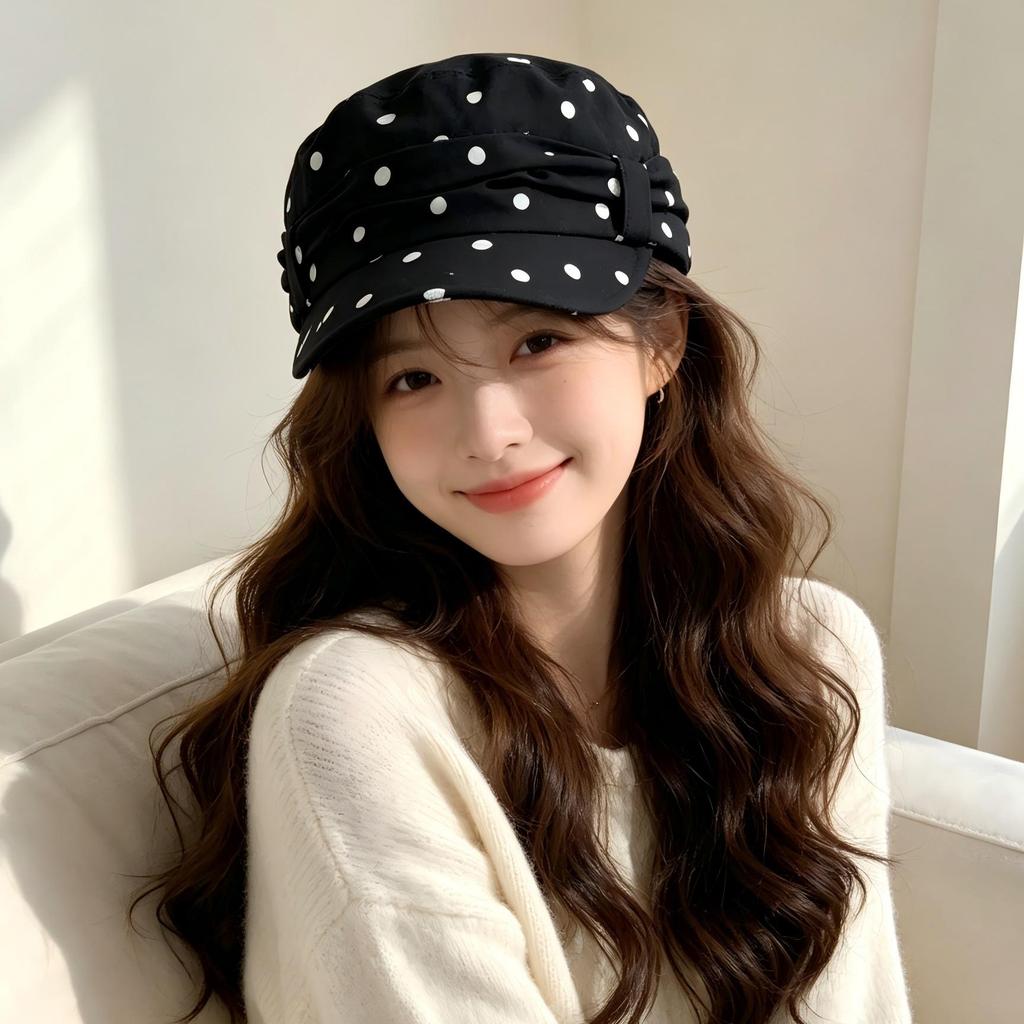 Polka dot retro beret summer versatile trendy fashion sunshade painter hat showing face small soft top cap women's model