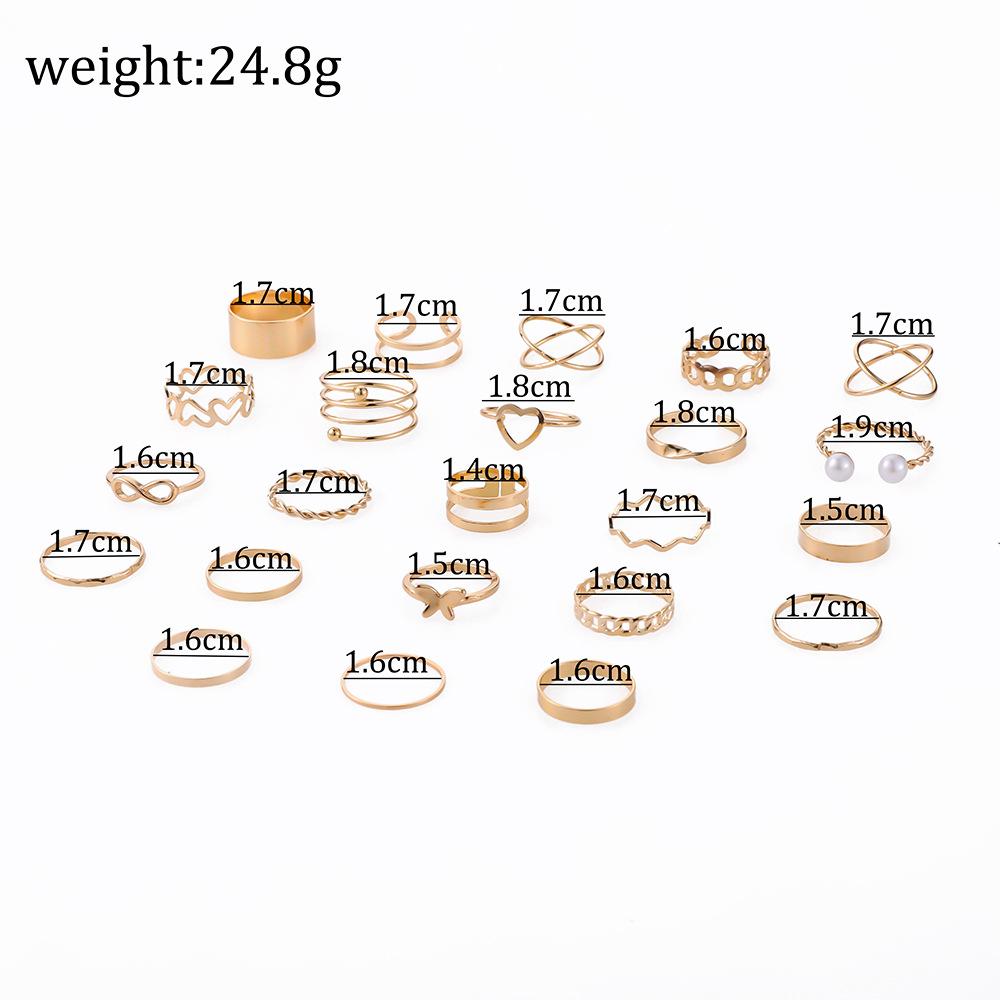 New Fashion Gold Pearl Love Butterfly Cross Hollow Opening 22-piece Suit Ring