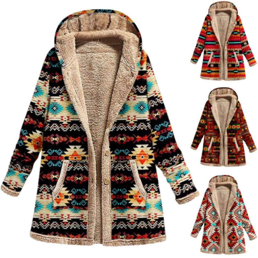 Winter Hoodie Fleece Women's Warm Printed Coat for Europe America, New Leisure Style Cotton Linen Sweatshirt