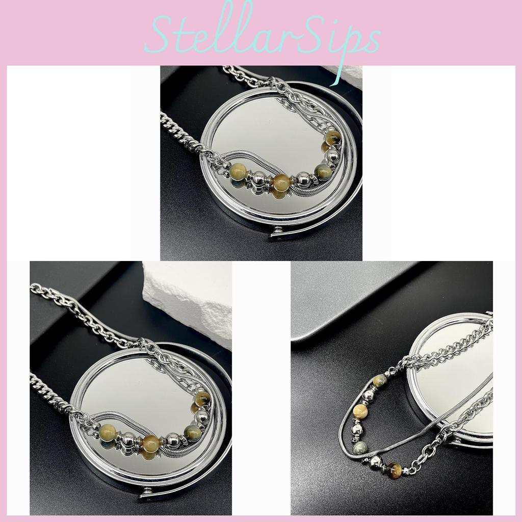 Geometric Stainless Steel Necklace With Natural Stone Beads For Unisex Fashion