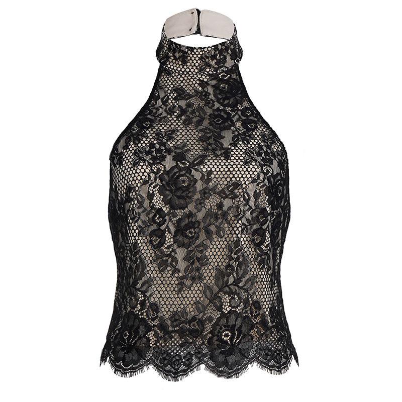 European & American Elegant Sexy Lace Halter Backless High Neck Jacquard Short Top S чёрный