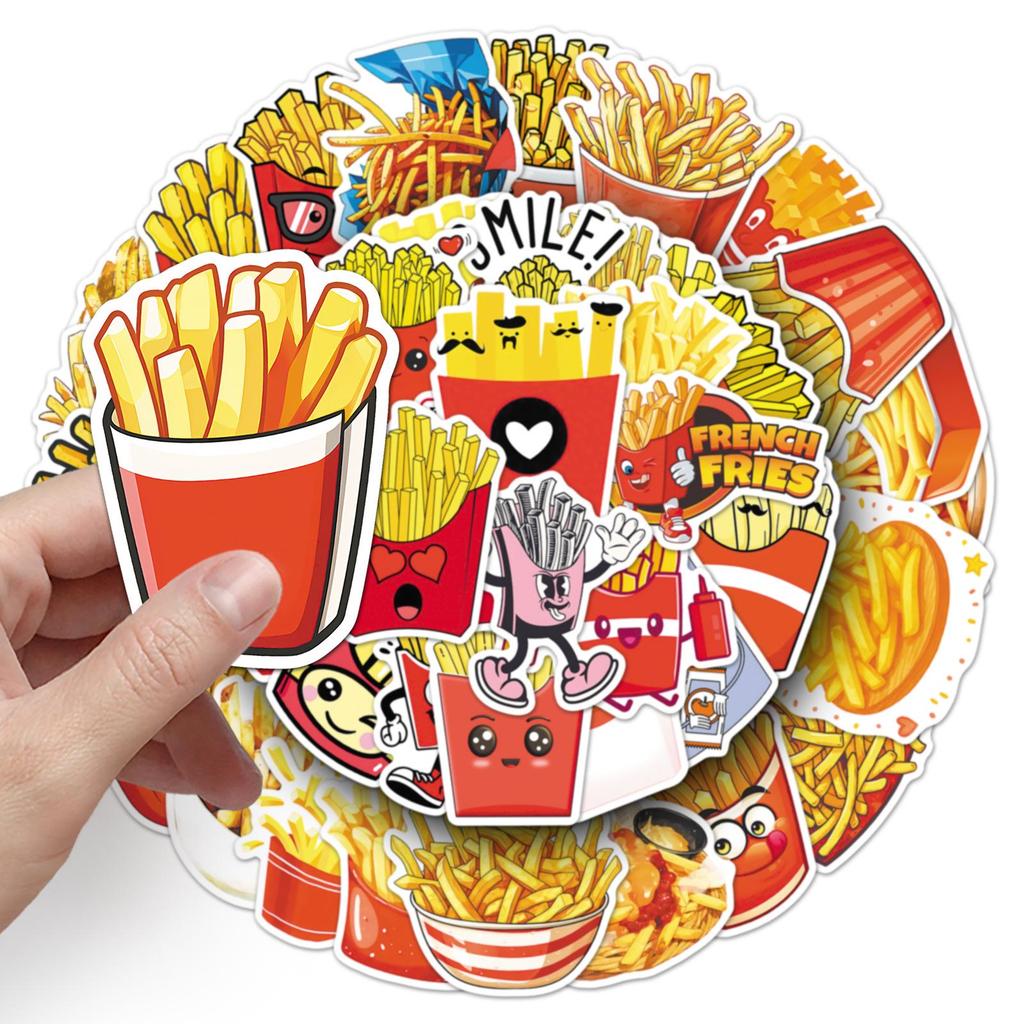 50pcs Cartoon French Fries Stickers: Fast Food Graffiti, Waterproof Decoration for Water Bottles and Refrigerators.