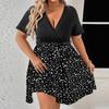Women's Big Size Fashion Casual Loose Splicing Printed V-Neck Short Sleeve Tied Pleated Dresses