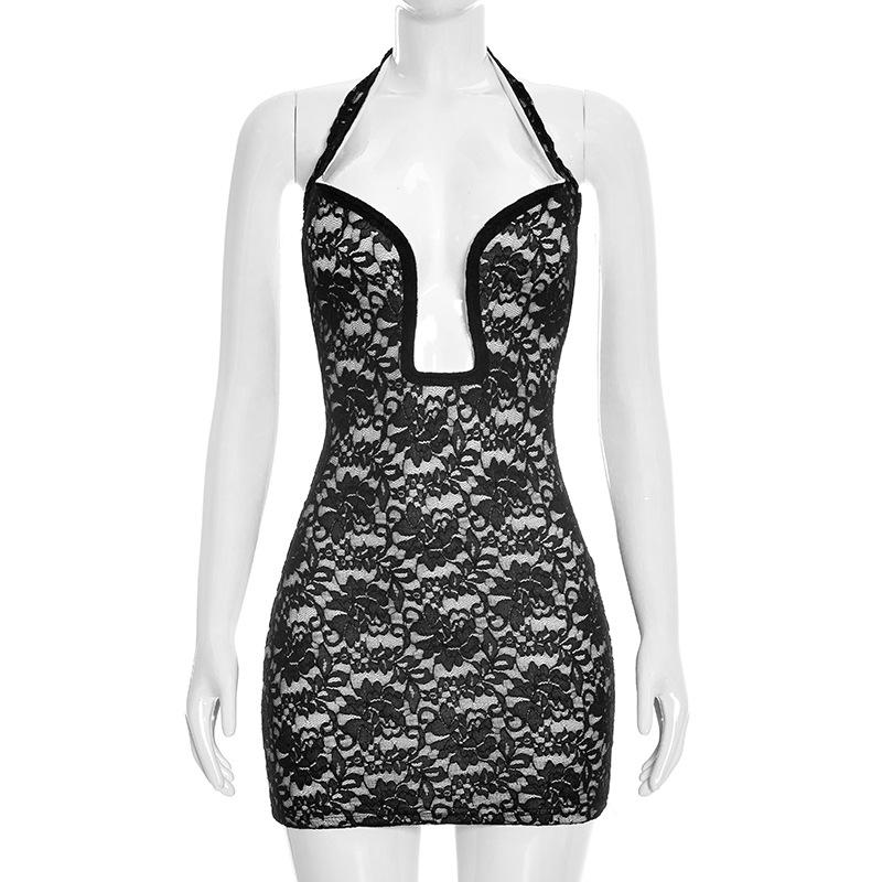 

European & American Women s Spring/Summer Lace Halter Mini Dress - Sexy, Hip-Hugging, Low-Neck Design Small