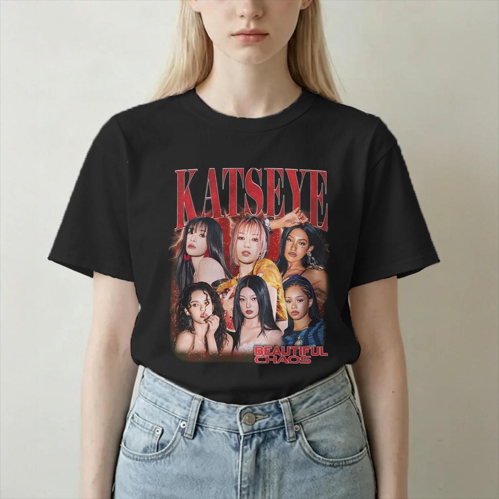 Novelty Katseye Kpop Idol TShirts Unisex Unisex Crew Neck Cotton T Shirt Beautiful Chaos Album Short Sleeve Tees Gift Idea Tops