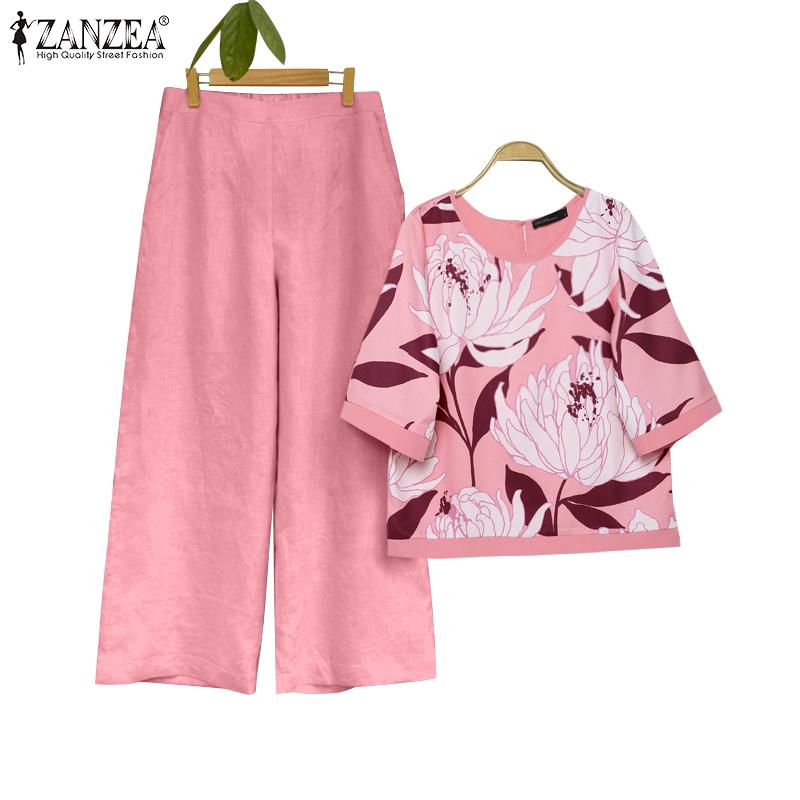 

ZANZEA Женская блузка с цветочным принтом и брюки повседневные комплекты из двух предметов S жёлтый