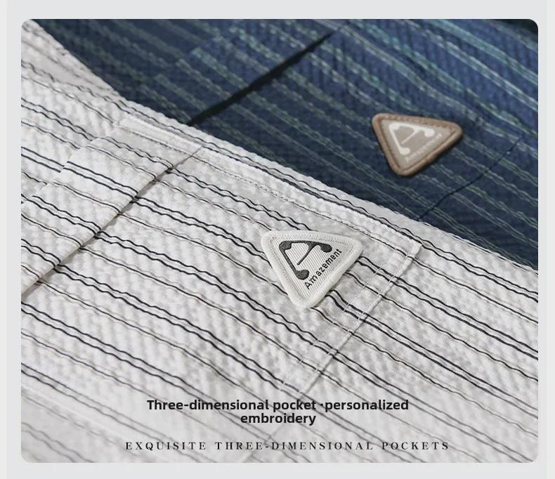 Men's Summer Striped Short-Sleeve Shirt with Bubble Texture - Trendy and Comfortable, Five-Point Sleeves 944